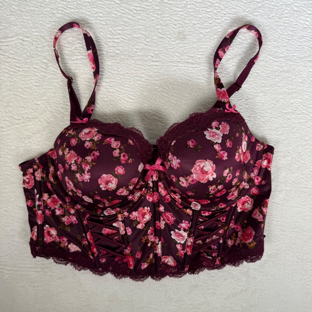Victorias Secret 36C Longline Demi Bra Floral Rose Satin Lace Corset Top Plum